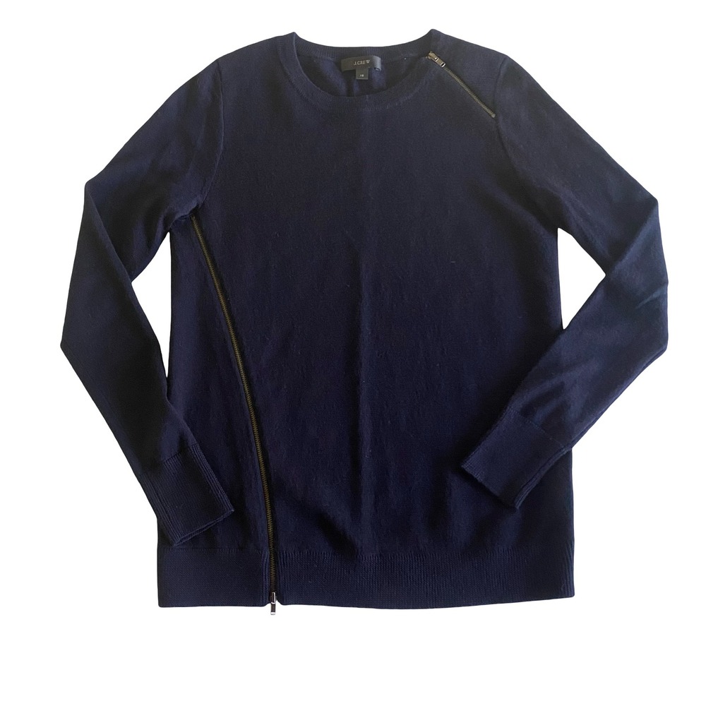 J. Crew Merino Wool Sweater Navy Blue Diagonal Zipper Detail XS